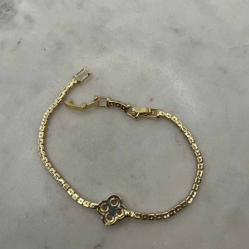 Pink Clover Pave Tennis Bracelet Adina Eden 14K Gold Plate Rhinestone CZ Jewelry - Picture 3 of 5